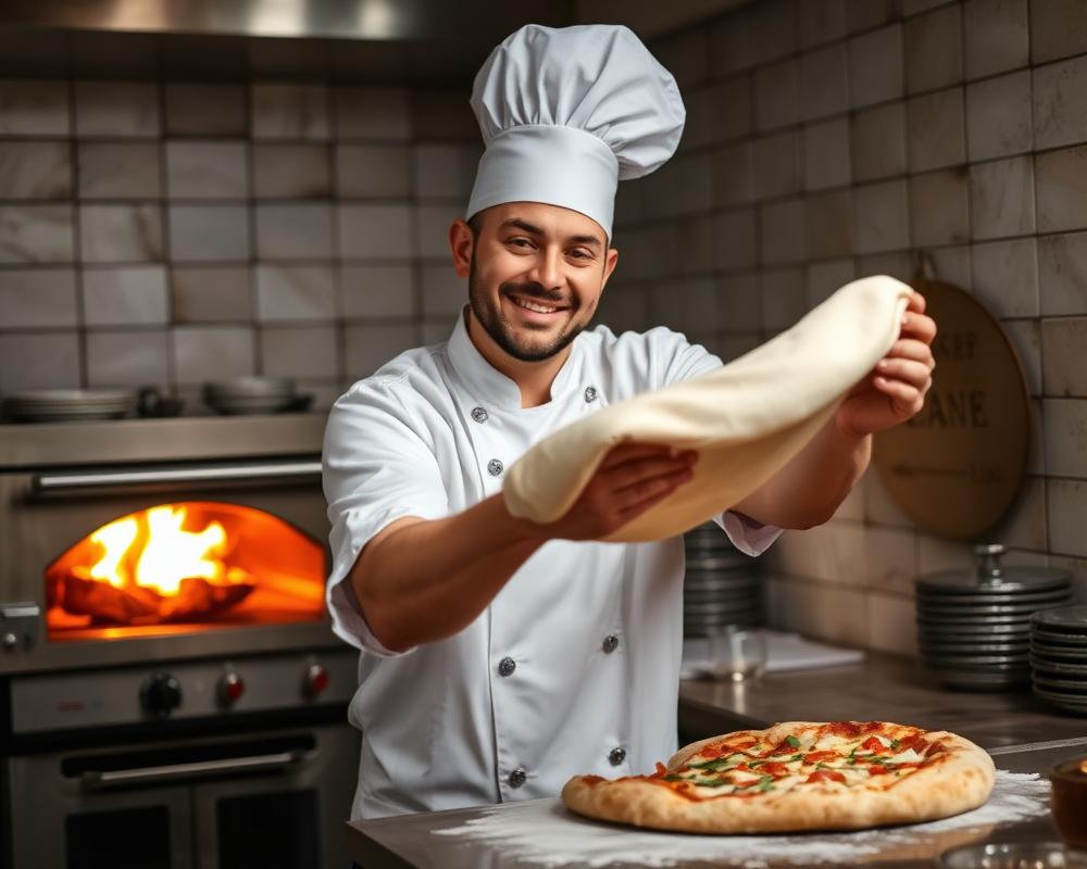 Chef tossing pizza dough by wood-fired oven